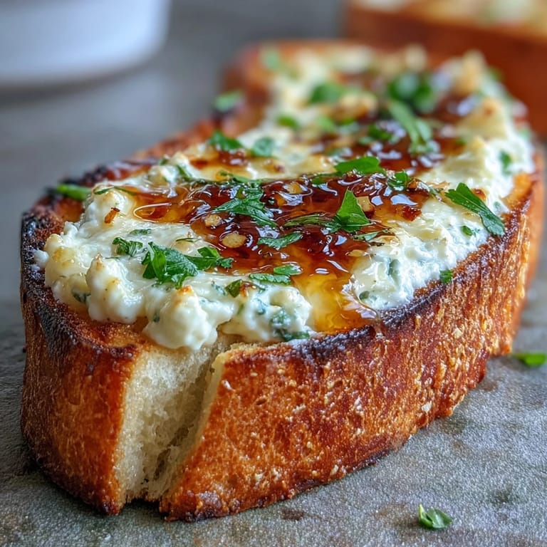 Golden, crispy edges on Hot Honey Ricotta Garlic Bread with a drizzle of spicy-sweet honey and fresh parsley garnish.