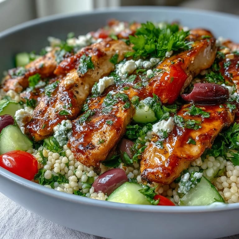 Serving Mediterranean Pearl Couscous Chicken Bowls for four, garnished with fresh parsley and lemon wedges on a rustic table.