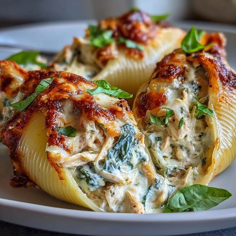 A close-up of Pesto Chicken Stuffed Shells Lite reveals creamy Greek-yogurt pesto chicken filling spilling from tender jumbo pasta shells.