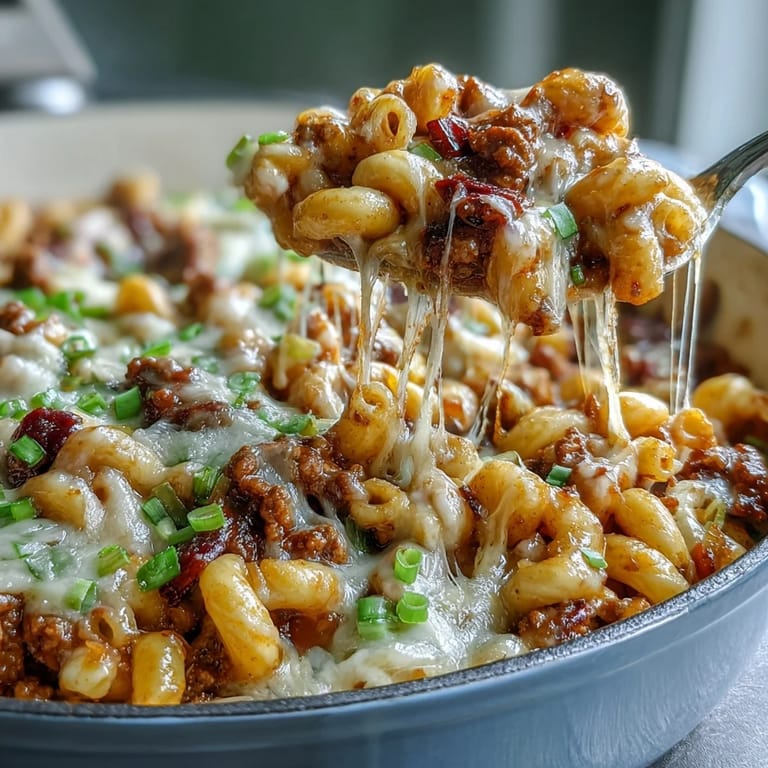 Ground beef and cheddar One-Pan Cheeseburger Chili Mac garnished with tangy pickles and green onions.