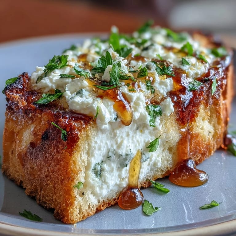 Sliced Hot Honey Ricotta Garlic Bread on a white plate, drizzled with glossy spicy honey and parsley garnish.