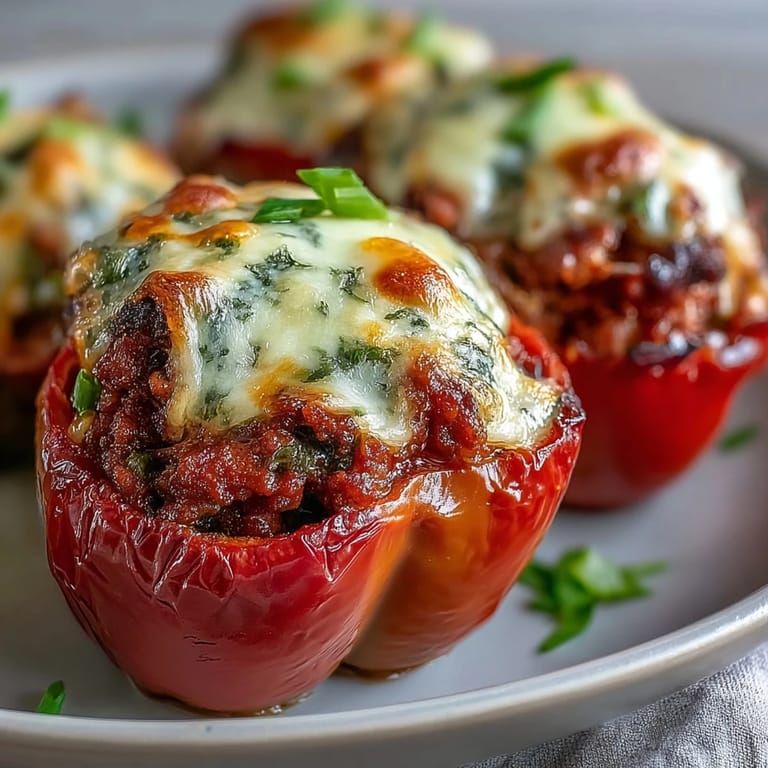 A close-up of one cheesy Korean-Style Turkey Stuffed Sweet Pepper reveals the juicy turkey filling and roasted red and yellow pepper skins.