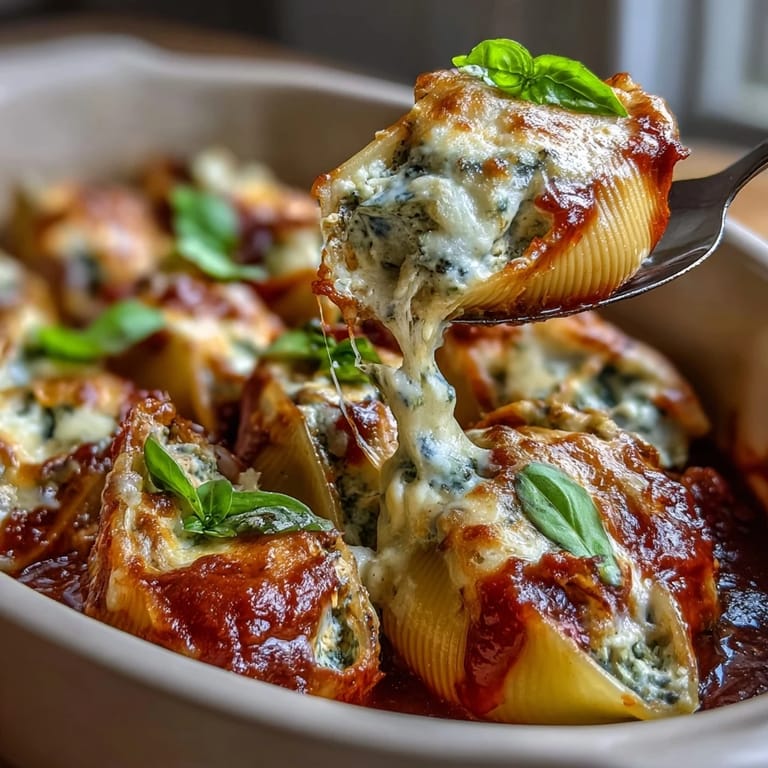 A close-up of Pesto Chicken Stuffed Shells Lite revealing melty mozzarella and Greek yogurt filling, paired with crusty bread.