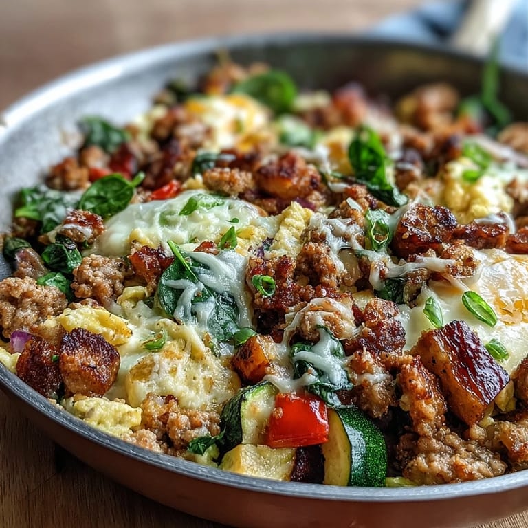 Savory Keto Sausage and Veggie Breakfast Scramble topped with melted cheddar and fresh avocado slices.