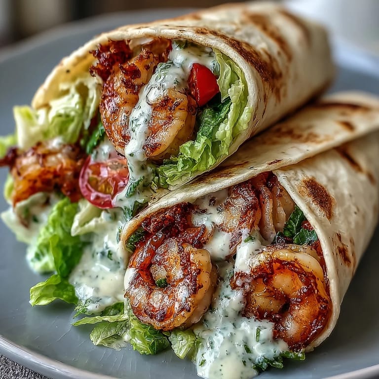 Tender grilled shrimp and fresh romaine in Grilled Shrimp Caesar Wraps, drizzled with creamy dressing and ready to serve.