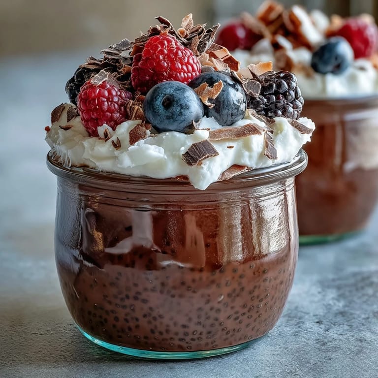 Close-up of Vegan Chocolate Chia Pudding Parfaits showing berry-topped layers and a rich chocolate drizzle on a marble counter.