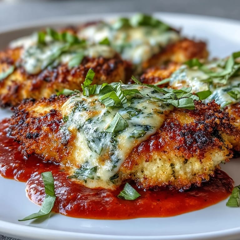 Tender chicken breasts topped with rich marinara and melted mozzarella on a white plate.