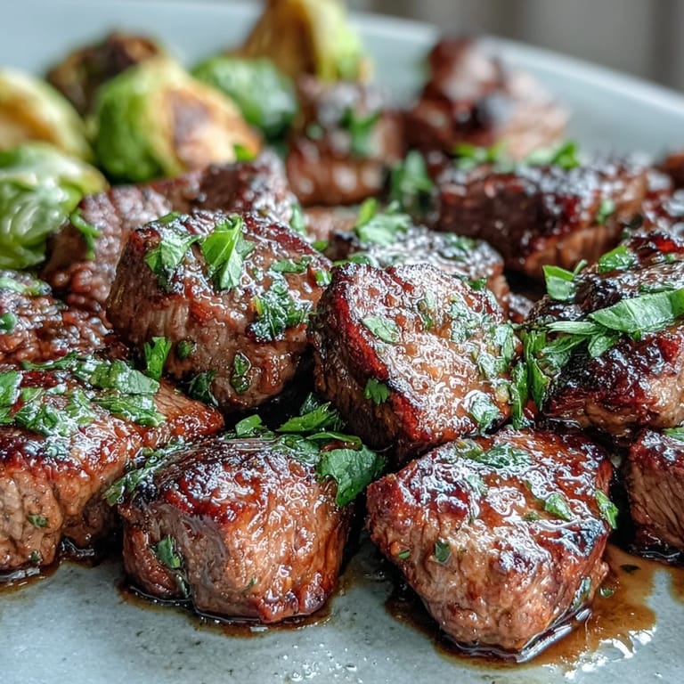 Juicy steak cubes seared in a buttery garlic lemon sauce alongside charred Brussels sprouts for a low-carb dinner.