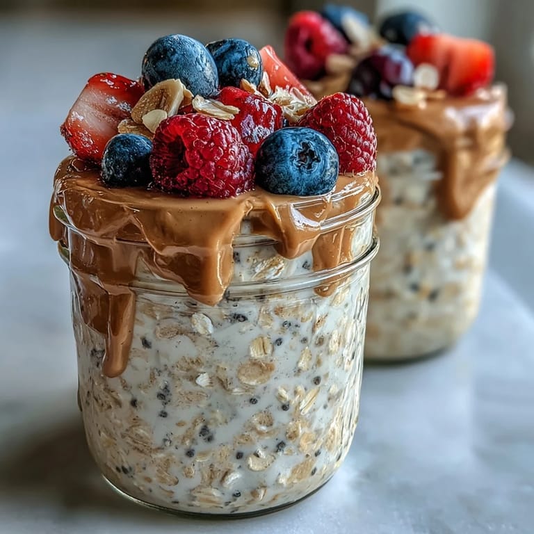 A nourishing breakfast jar of Clean Eating Berry Overnight Oats with Almond Butter Swirl, topped with blueberries, strawberries, and raspberries for a fresh start.