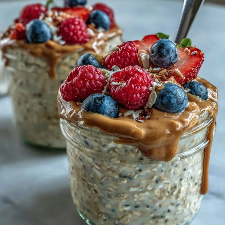 Clean Eating Berry Overnight Oats with Almond Butter Swirl layered with juicy berries and a nutty almond butter swirl, ready to enjoy chilled.
