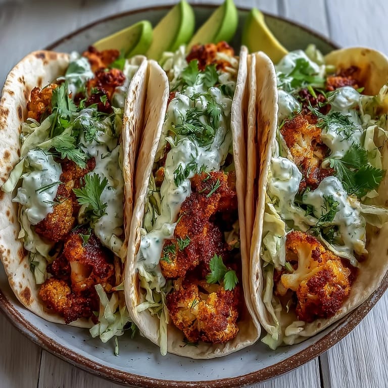 Spicy vegan buffalo cauliflower wraps stacked high with cool ranch slaw, fresh cilantro, and ripe avocado on a plate.