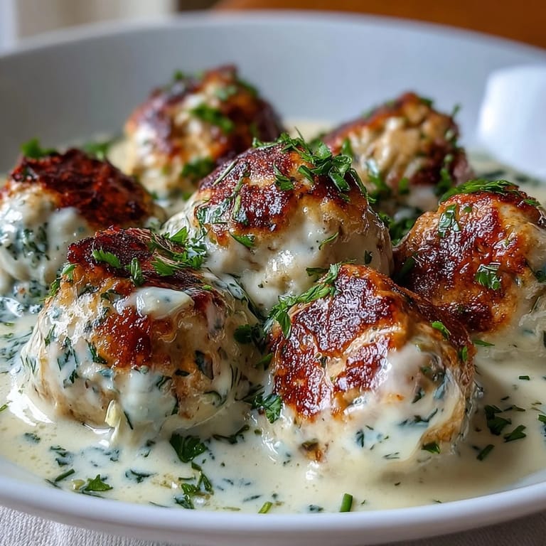 Oven-baked turkey meatballs seasoned with ranch, served in a luscious garlic cream sauce for a comforting and flavorful main dish.