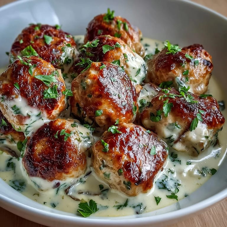 Juicy turkey meatballs infused with ranch seasoning, baked until golden, and drenched in a creamy garlic sauce for ultimate comfort.