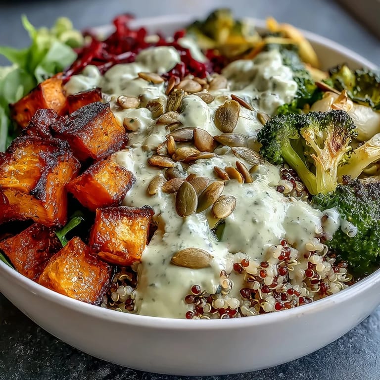 Hearty quinoa and chickpea Buddha bowl topped with colorful roasted vegetables and herby avocado dressing.  