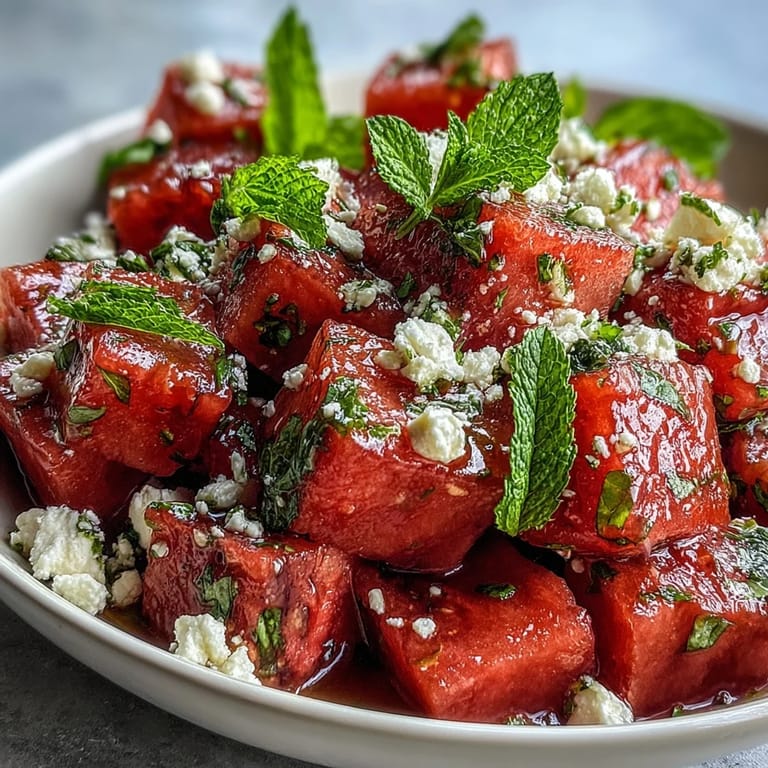 Colorful watermelon feta mint salad, a perfect light side for BBQs and warm-weather gatherings.