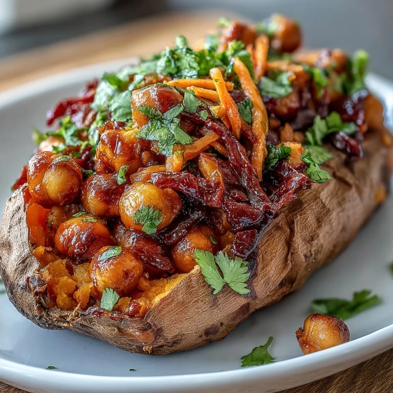 Stuffed sweet potatoes filled with saucy BBQ chickpeas and crunchy red cabbage slaw, creating a colorful, satisfying vegan meal perfect for weeknights or meal prep.
