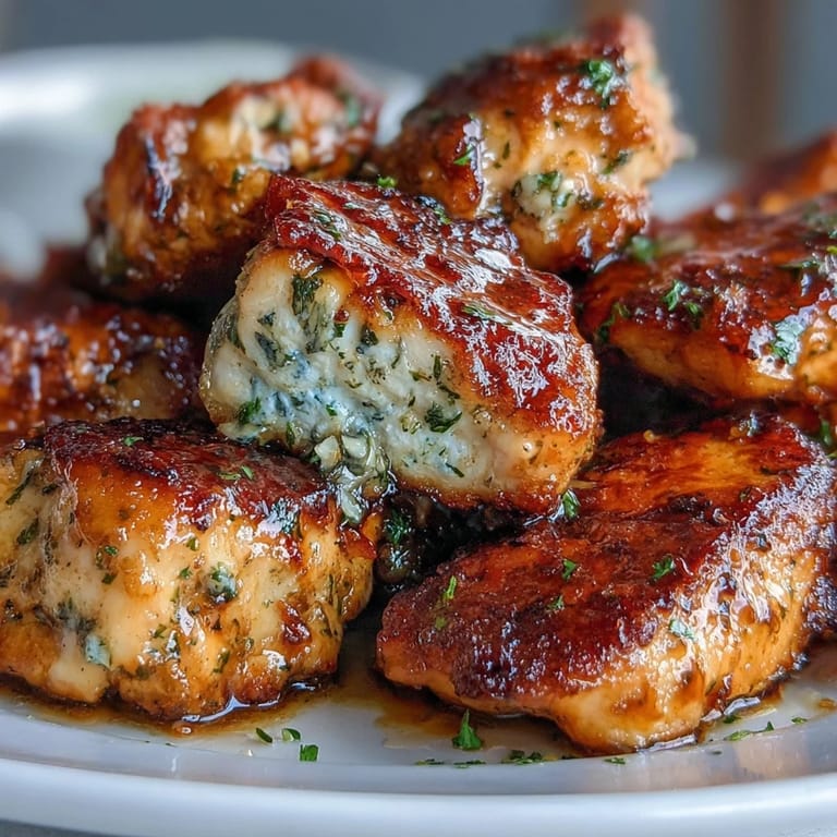 Juicy, tender chicken bites in a buttery Dijon sauce, garnished with lemon wedges and fresh thyme sprigs.