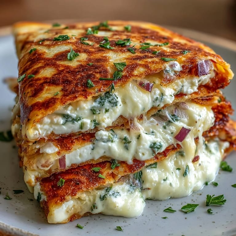 Crispy flour tortillas packed with savory spinach, feta, and red onion, offering a flavorful Mediterranean twist on classic quesadillas.  