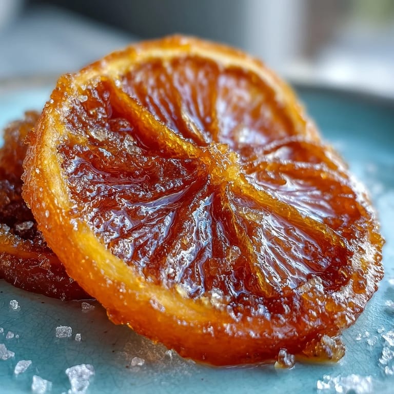 Translucent candied orange slices for cocktail garnish, simmered in sugar syrup and dried for a sparkling finish.