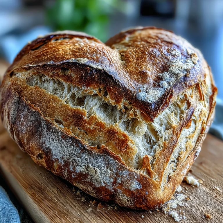Rustic heart-shaped sourdough loaf with airy crumb and decorative scoring, ideal for romantic brunches or gifting.  