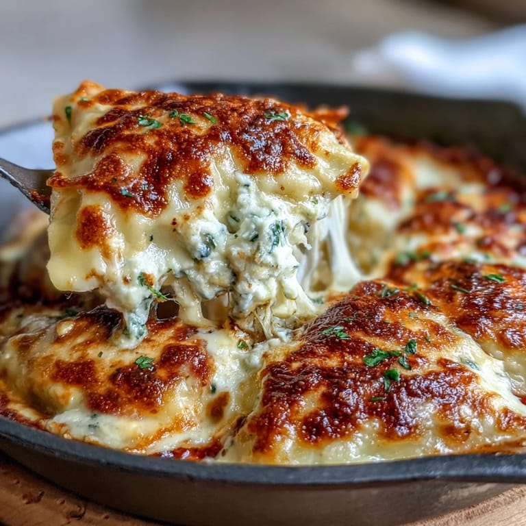One-pan fusion comfort food with pillowy dumpling wrappers, ground turkey, and cabbage baked under a blanket of mozzarella and ricotta.