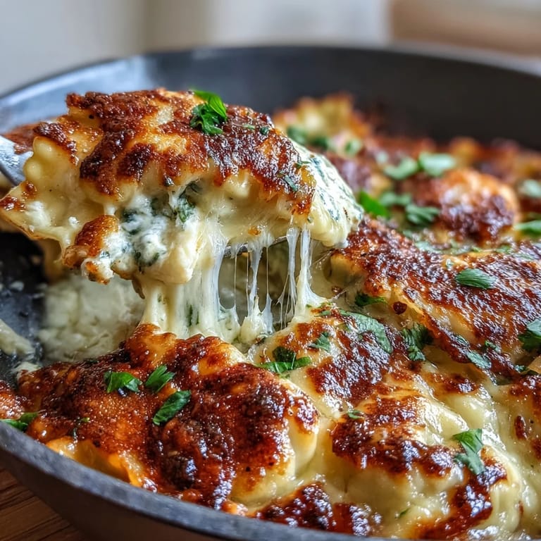 Golden-brown dumpling lasagna skillet featuring savory turkey, tender cabbage, and bubbling melted cheese for a cozy meal.  