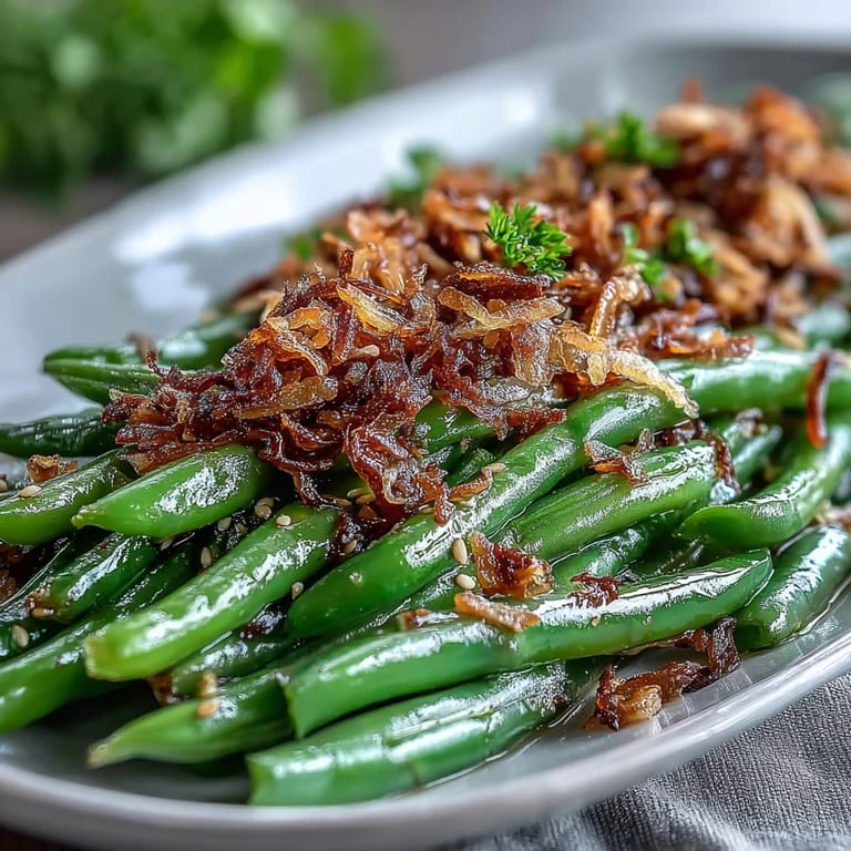 Tender green beans stir-fried with garlic and sesame, finished with a generous sprinkle of crunchy crispy onions for texture.