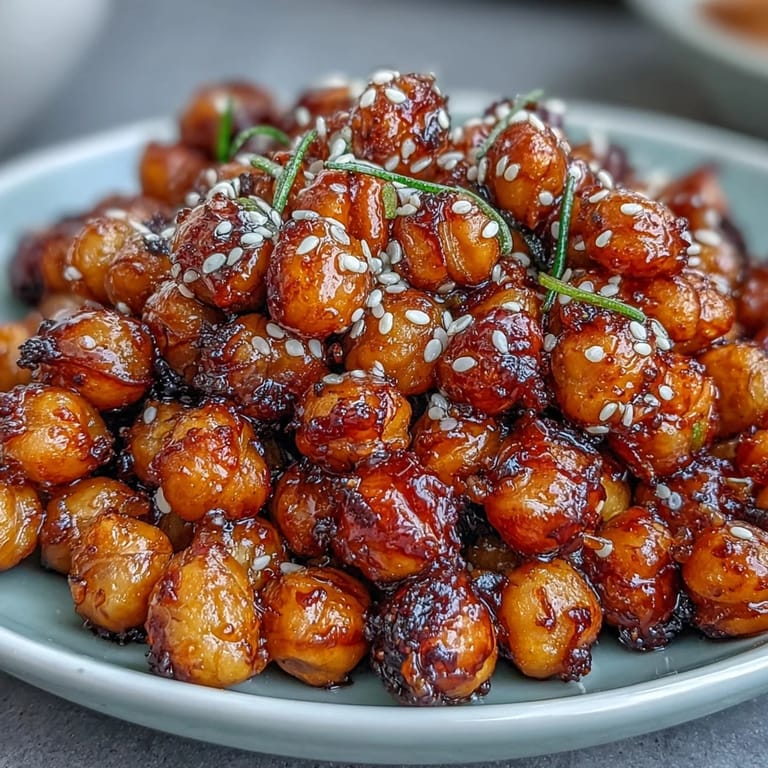 Golden crispy chickpeas in chili garlic sauce over jasmine rice, garnished with fresh herbs and lime.