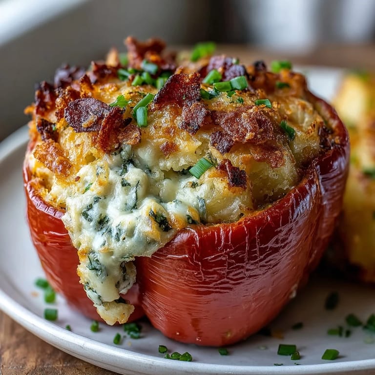 Close-up of funeral potatoes stuffed bell peppers topped with crispy cornflake crust.
