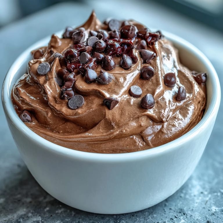 Rich and chocolatey cottage cheese brownie batter dip garnished with mini chocolate chips and surrounded by colorful fruit dippers.