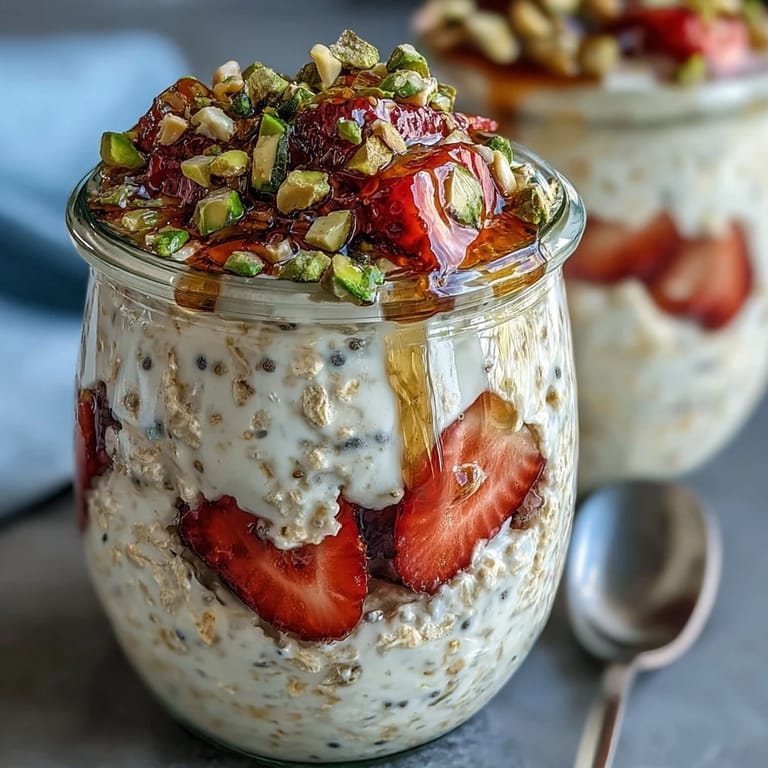 Wholesome strawberry and pistachio overnight oats with creamy texture, crunchy nuts, and sweet honey—perfect for busy mornings.