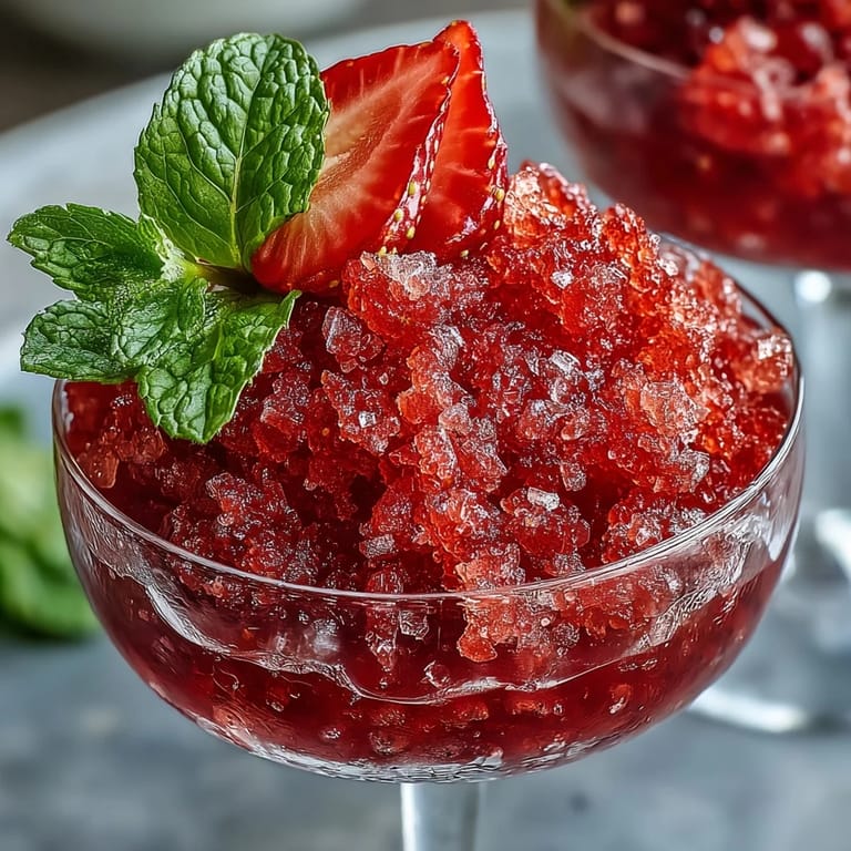 Sweet and tangy strawberry lime daiquiri granita dessert cups, featuring a boozy twist and served chilled for a refreshing treat.