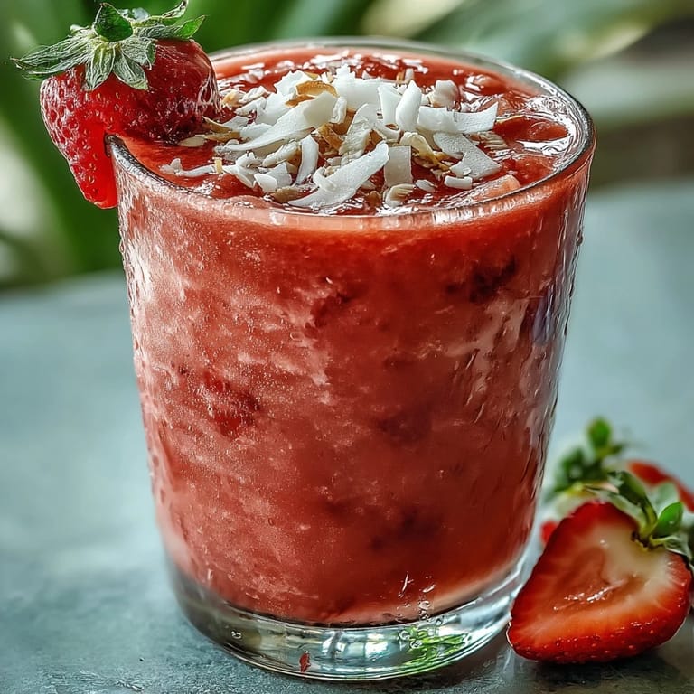 Creamy vegan strawberry coconut smoothie blending sweet frozen berries with rich coconut milk and a hint of lime, served in chilled glasses for a refreshing treat.