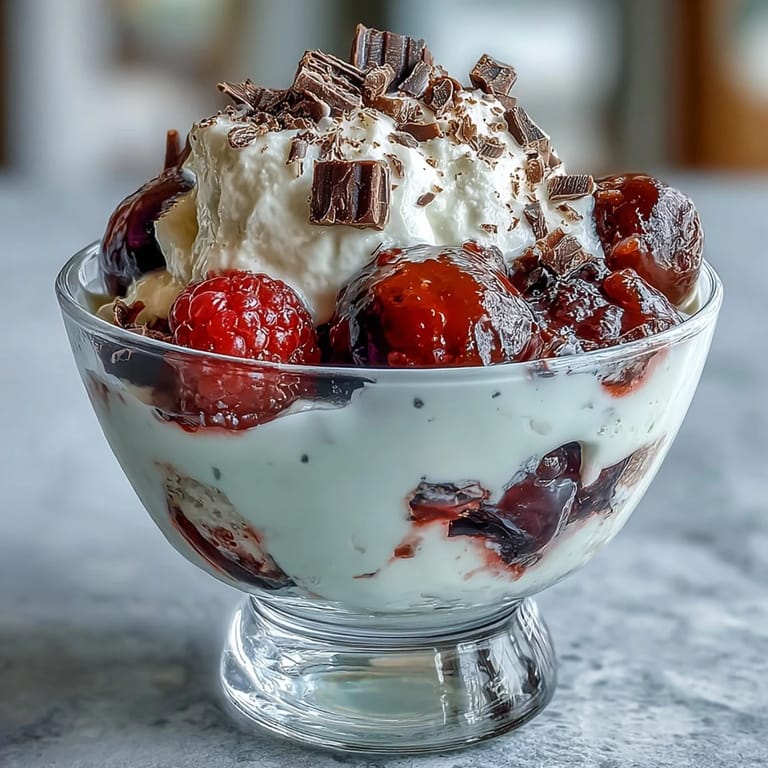 Light and refreshing dessert featuring fluffy yogurt, juicy berries, and dark chocolate shavings for a perfect treat.