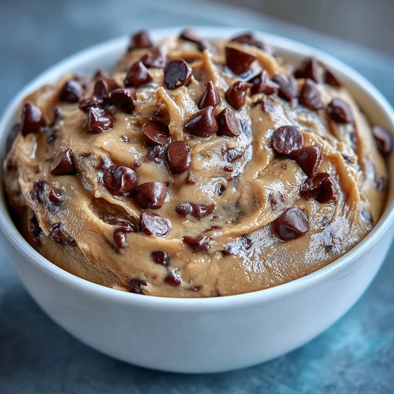 Creamy protein-packed cookie dough loaded with mini chocolate chips, ideal for guilt-free indulgence.  