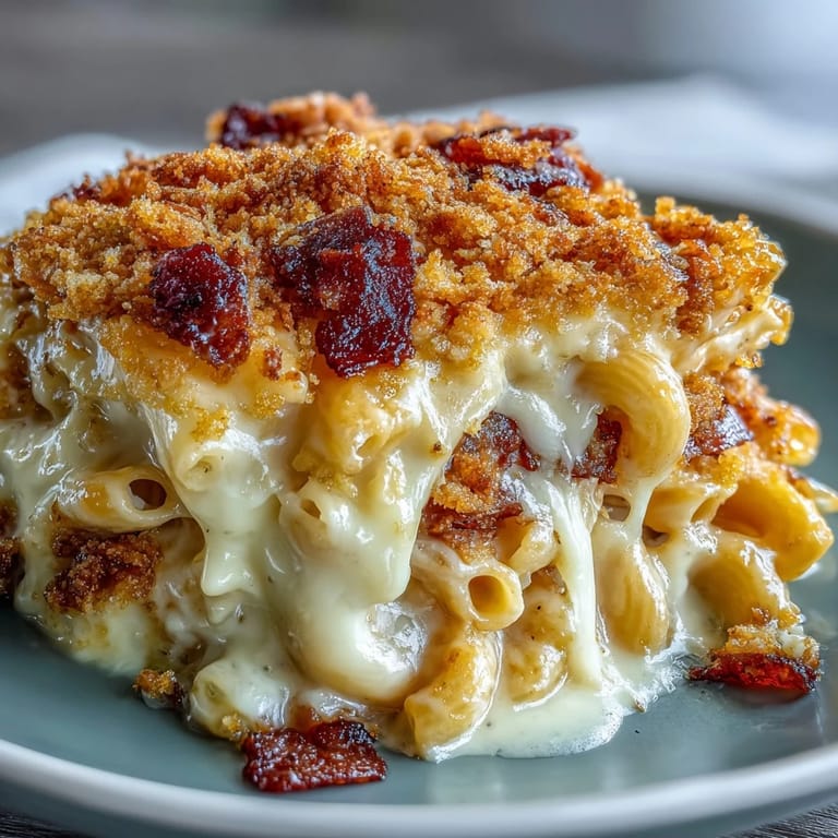 Rich macaroni and cheese casserole with sharp cheddar, Gruyère, and a crunchy bacon crumb topping.