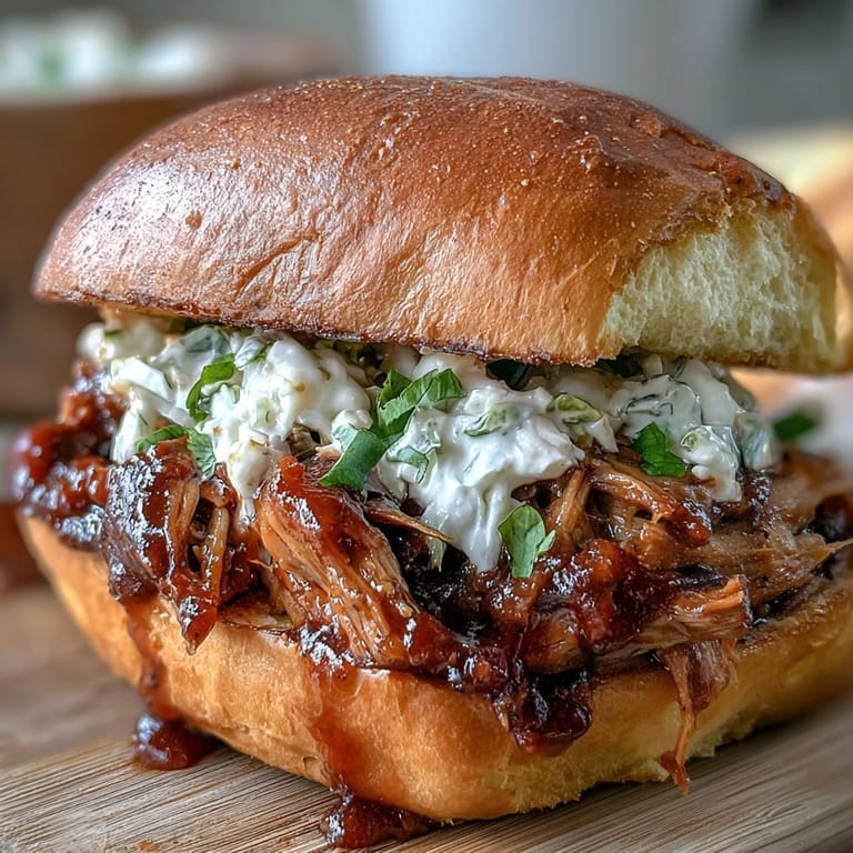 Slow-cooked BBQ pulled pork piled high on toasted slider buns, topped with creamy coleslaw for a flavorful party appetizer.  
