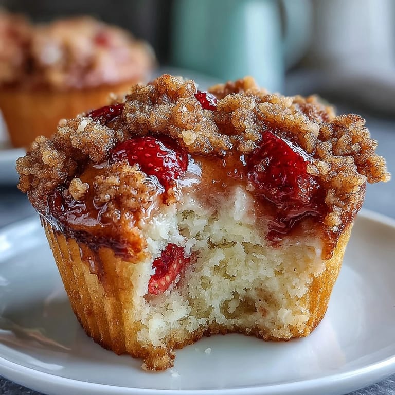 Golden crumble-topped strawberry muffins, moist and tender with juicy berry pieces throughout.