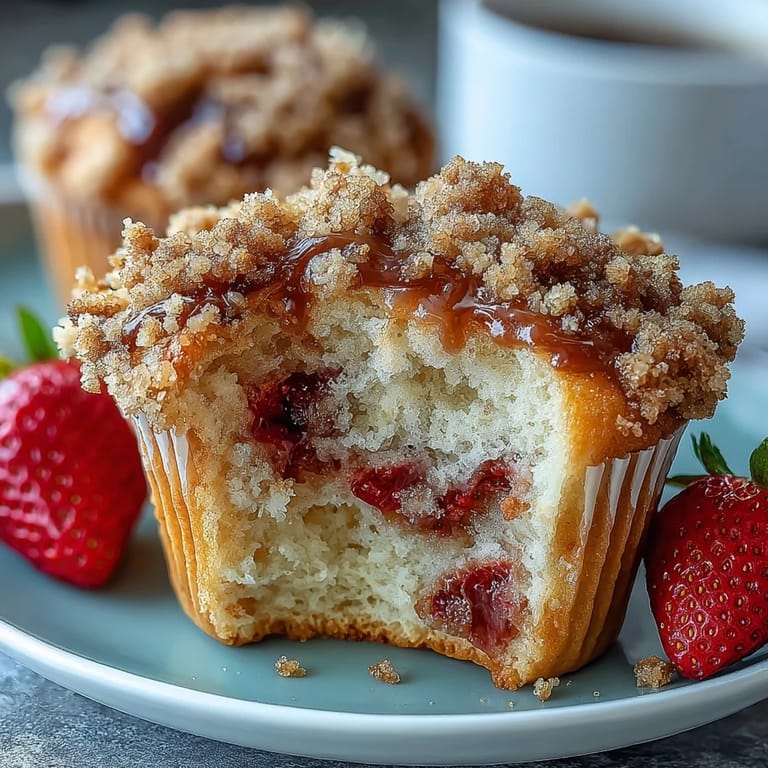 Homemade strawberry muffins with buttery crumble topping, perfect for breakfast or afternoon snacking.