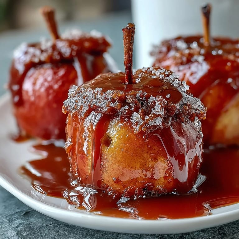 Homemade candy apples with rich caramel and sea salt, ideal for seasonal celebrations or gourmet dessert tables.