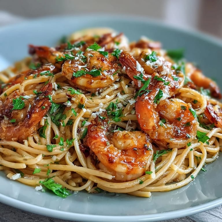 Aromatic lemon garlic shrimp pasta with al dente linguine, bright citrus notes, and a touch of heat from red pepper flakes.  