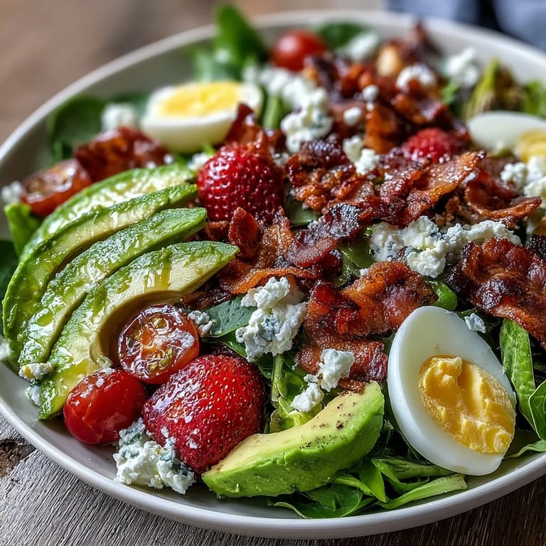 Fresh Spring Cobb Salad with strawberries and avocado, topped with feta, hard-boiled eggs, and crisp vegetables for a light, satisfying dish.