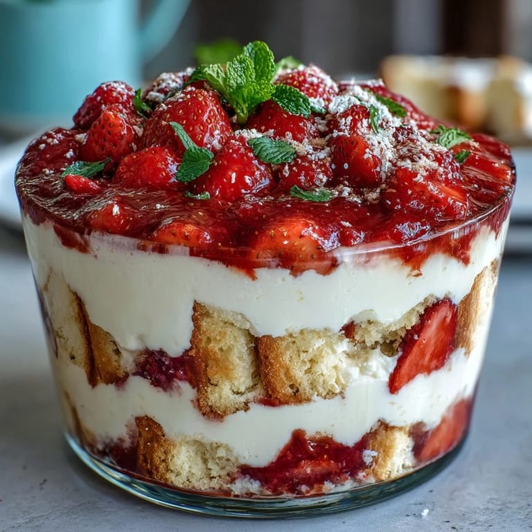 Elegant strawberry shortcake trifle featuring fresh strawberries, tender shortcake, and creamy whipped topping for Mothers Day