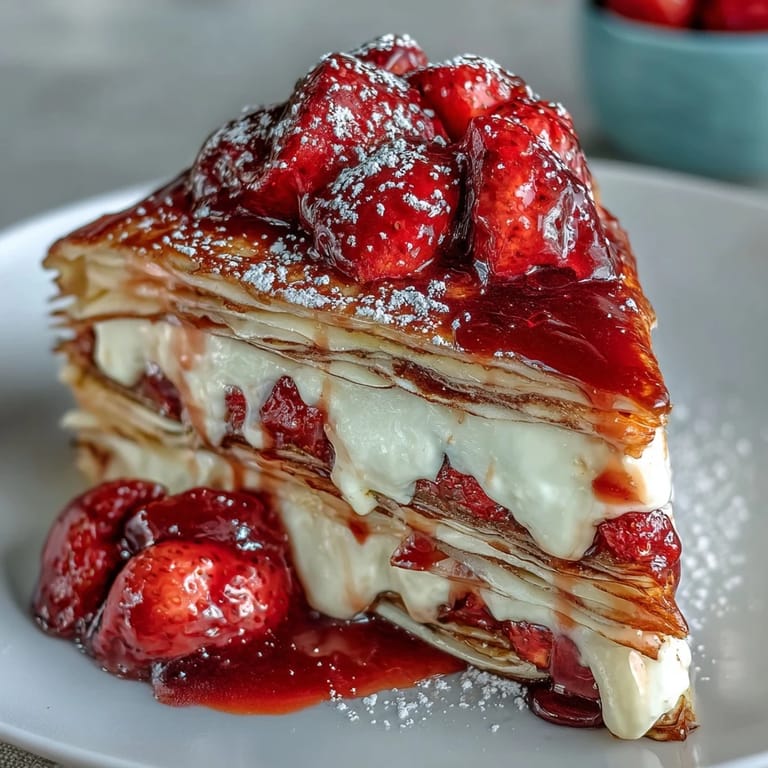 Close-up of a strawberry crepe cake, showcasing golden crepes, vanilla cream, and vibrant red strawberry slices, perfect for dessert.