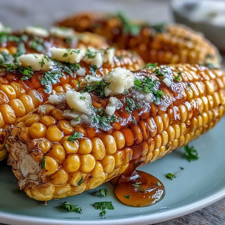 Microwave-steamed corn on the cob brushed with rich garlic butter, perfect for a quick and savory vegetarian meal.