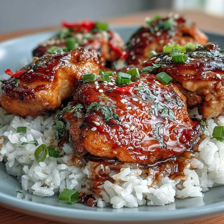 Slow-cooked Honey Garlic Chicken with Rice, garnished with green onions and sesame seeds, served in a bowl.