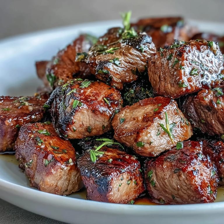 Savory steak cubes tossed with garlic and fresh herbs, seared to golden perfection for an easy, low-carb one-pan meal.