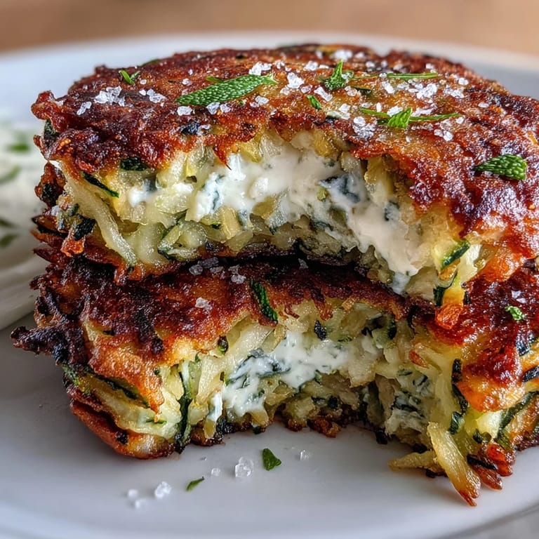 Golden zucchini pancakes loaded with feta, fried to perfection and paired with a creamy yogurt mint sauce—ideal for a light Mediterranean snack.