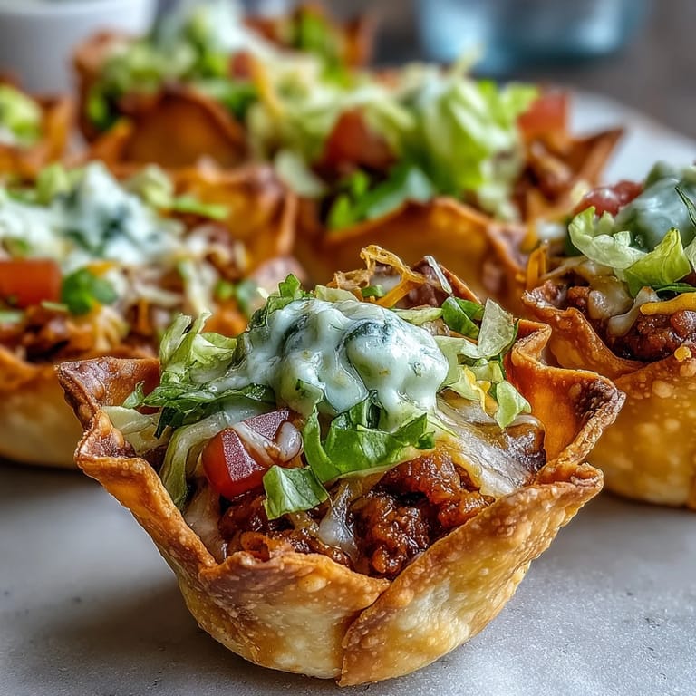 Savory taco-filled wonton cups, topped with cheese, perfect for a fun appetizer.