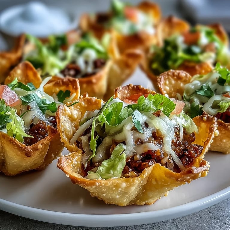 Bite-sized wonton taco cups, baked golden, brimming with seasoned meat and toppings.